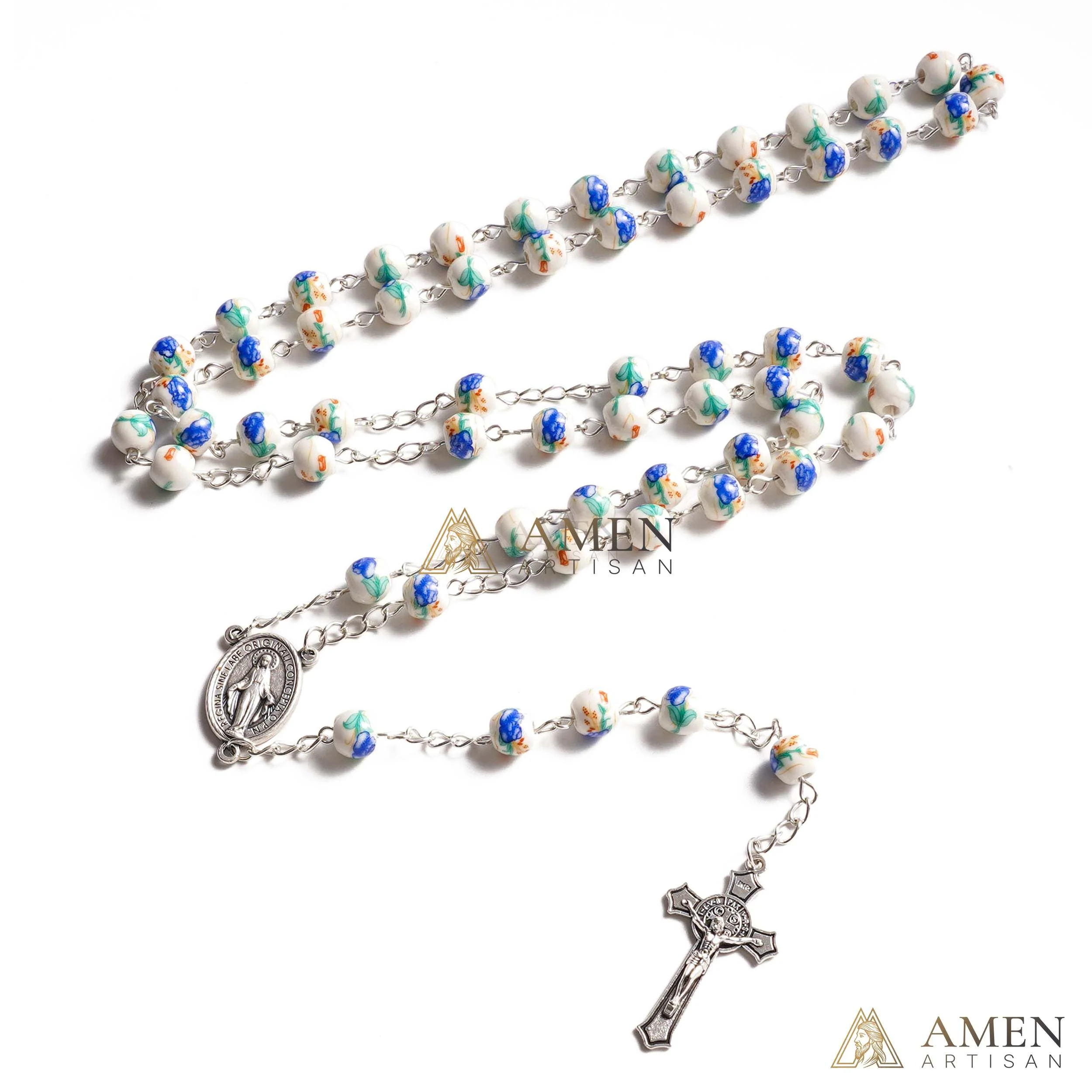 Blue Peony Ceramic Rosary Amen Artisan - Image 3