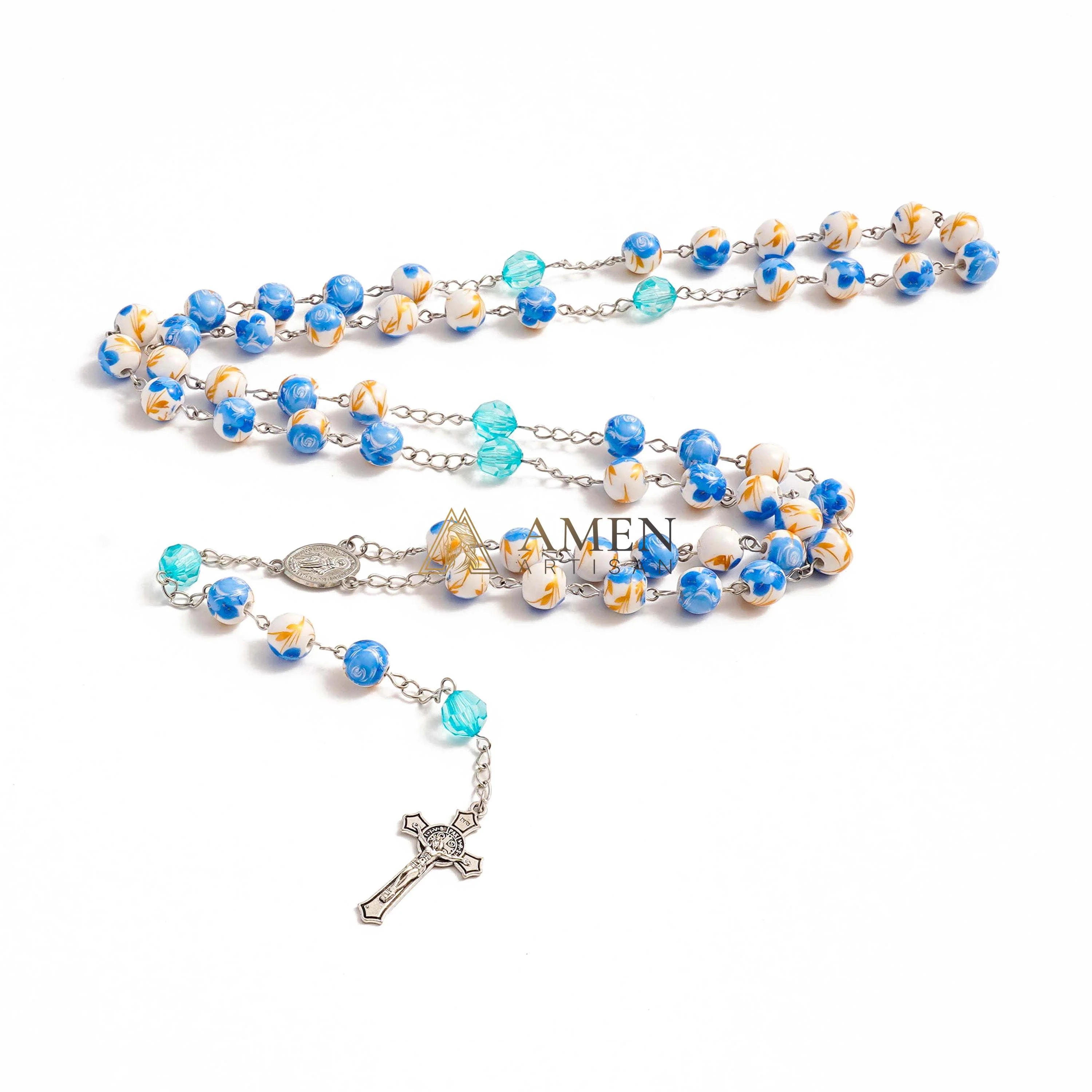 Blue Floral Ceramic Rosary Amen Artisan - Image 3