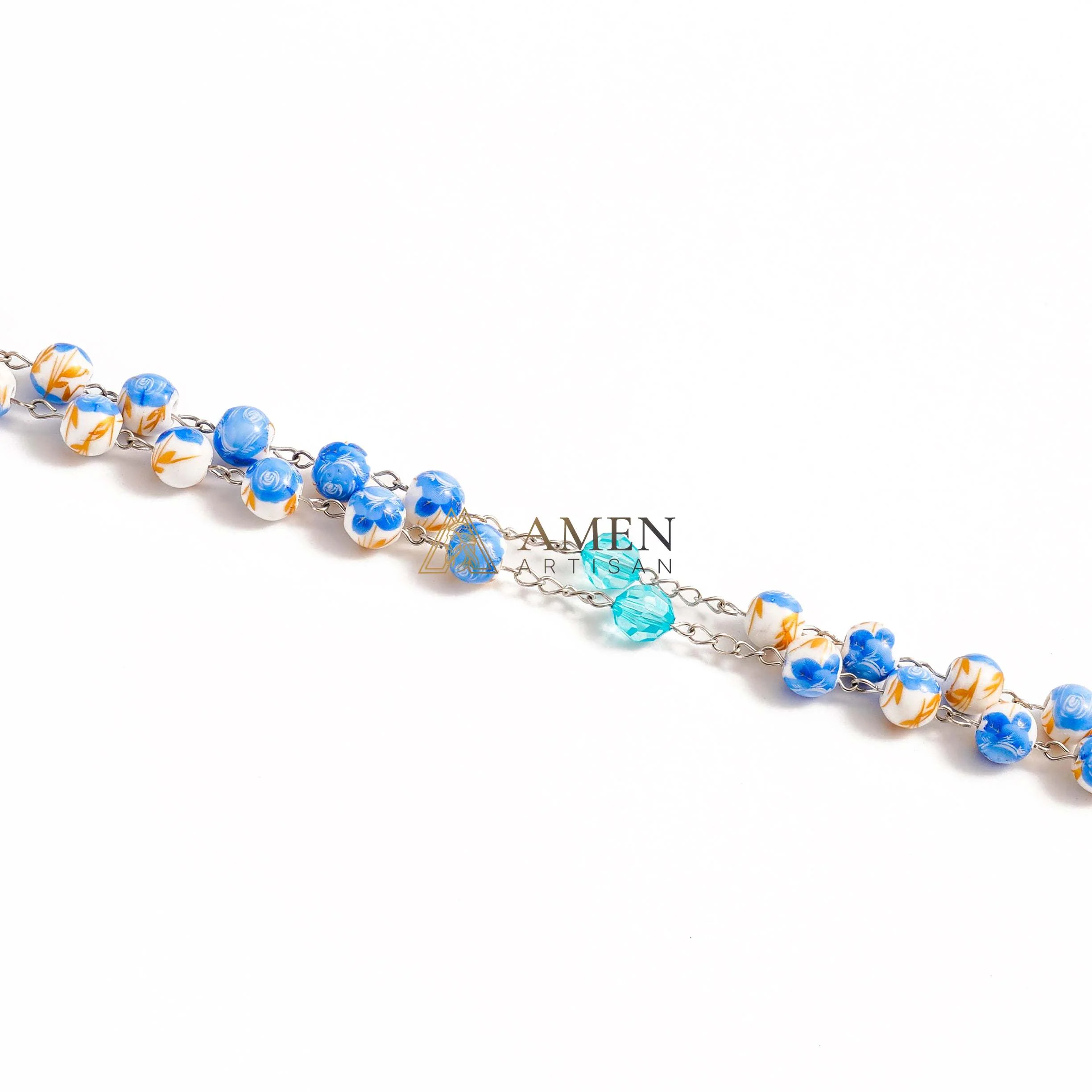 Blue Floral Ceramic Rosary Amen Artisan - Image 4