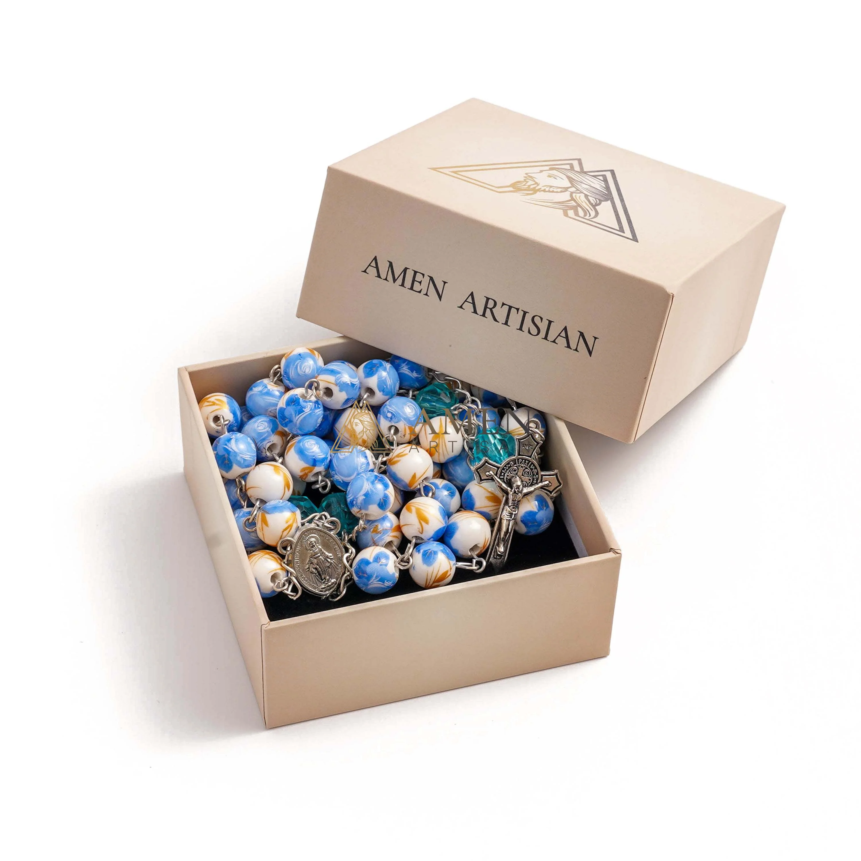 Blue Floral Ceramic Rosary Amen Artisan - Image 5