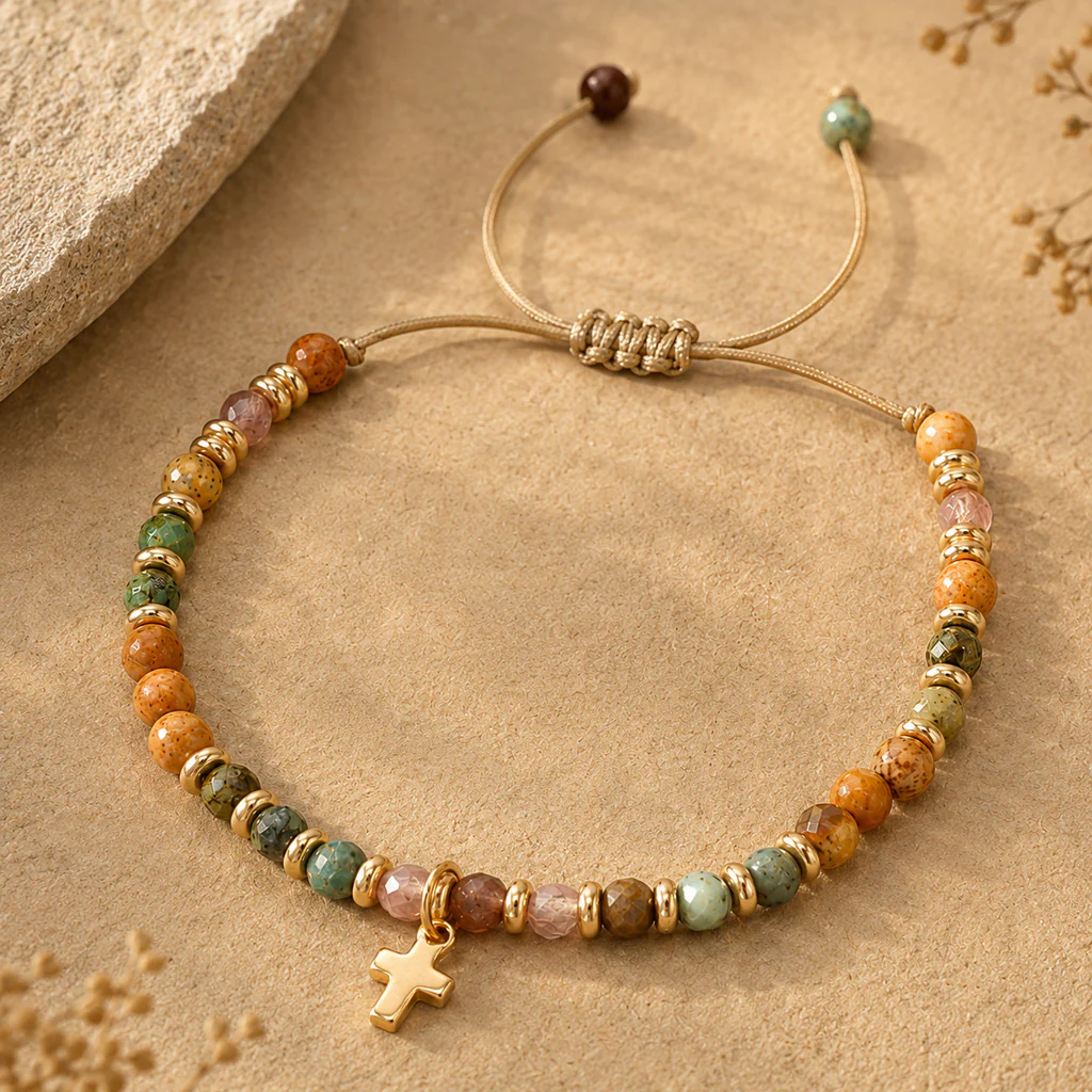 Boho Natural Stone Cross Bracelet with Adjustable Cord — Faith - Image 2