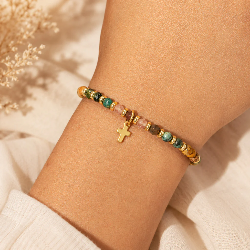 Boho Natural Stone Cross Bracelet with Adjustable Cord — Faith - Image 5