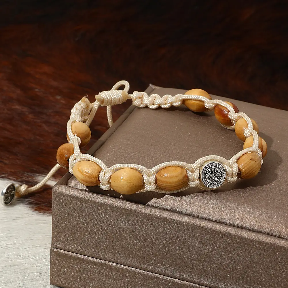 Braided Wooden Beads Saint Benedict Medal Bracelet Amen Artisan - Image 2