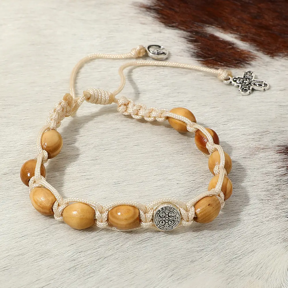 Braided Wooden Beads Saint Benedict Medal Bracelet Amen Artisan - Image 3