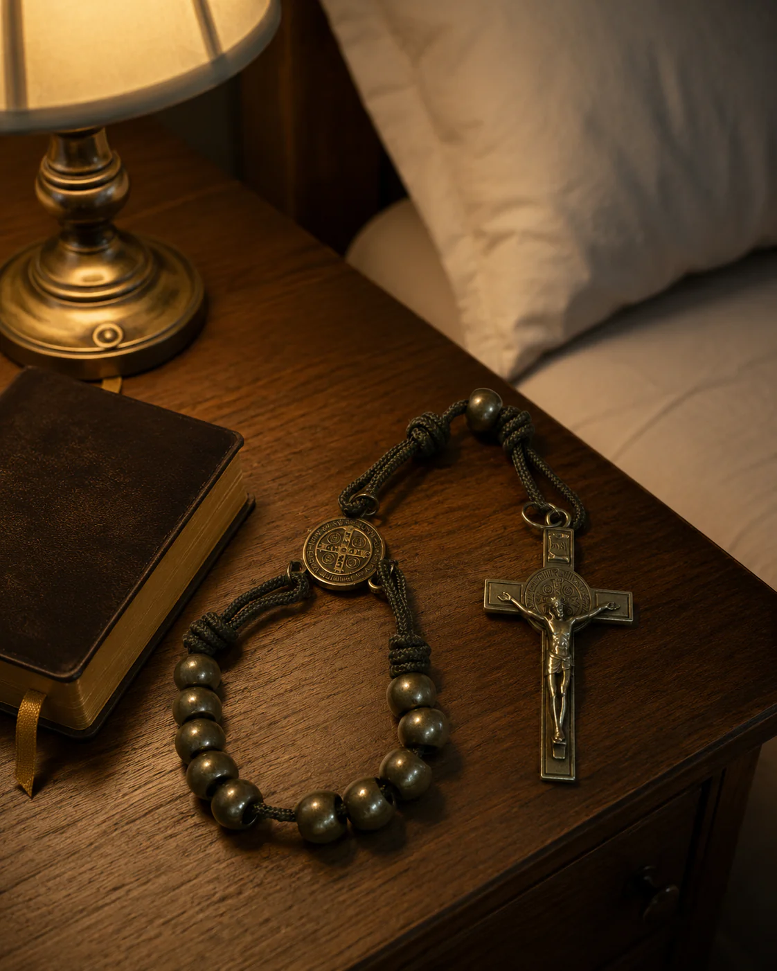 Bronze Beads Olive Green Saint Benedict Medal Pocket Rosary Amen Artisan - Image 4