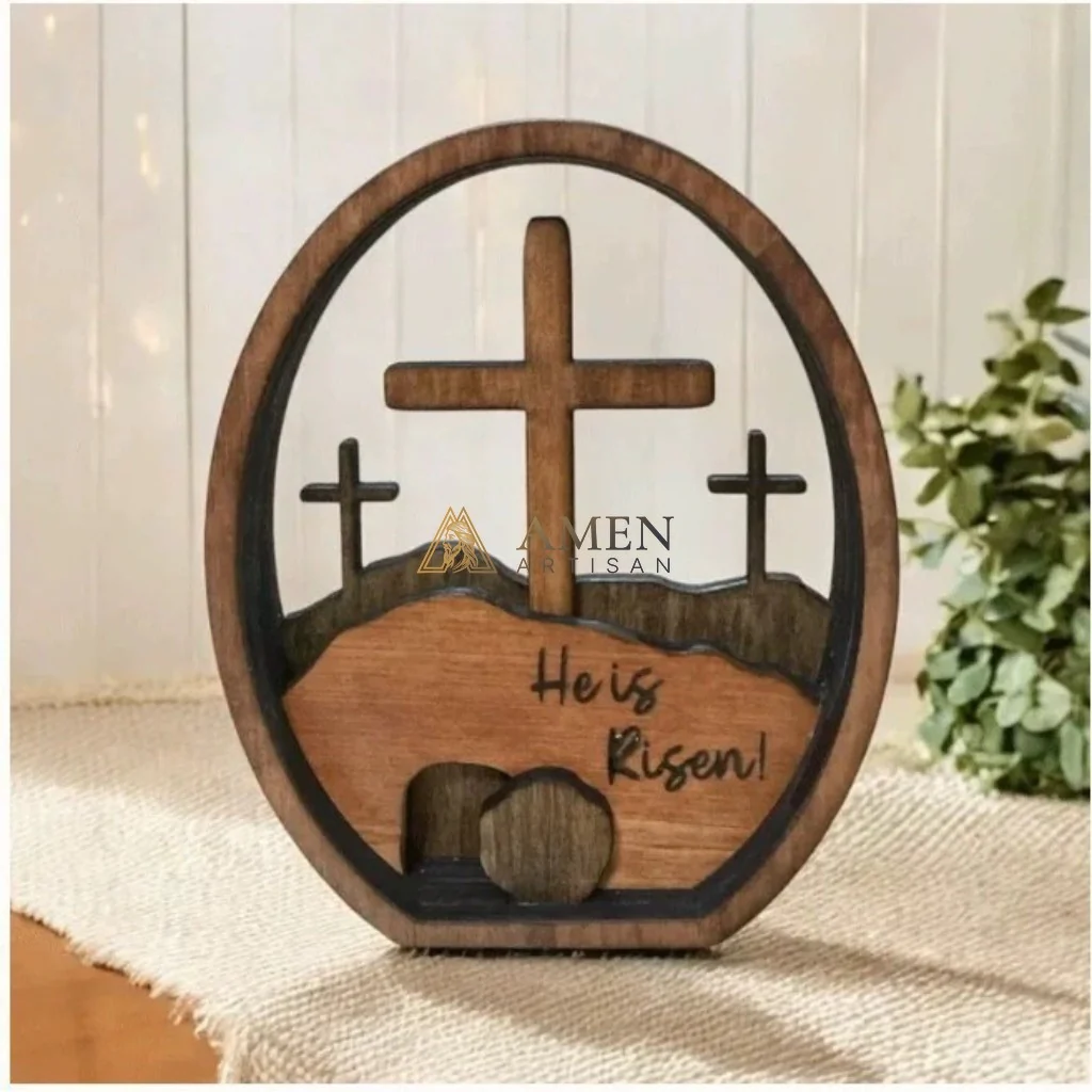 Calvary Oval Wood Resurrection Scene Plaque  Amen Artisan - Image 2