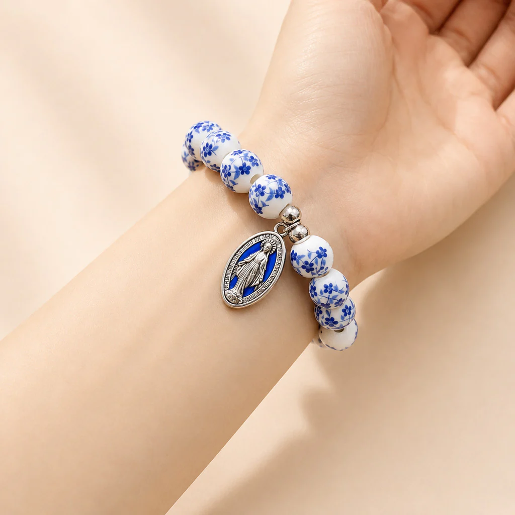 【Deal Today】Blue Floral Ceramic Bead Miraculous Medal Stretch Bracelet | Amen Artisan - Image 2