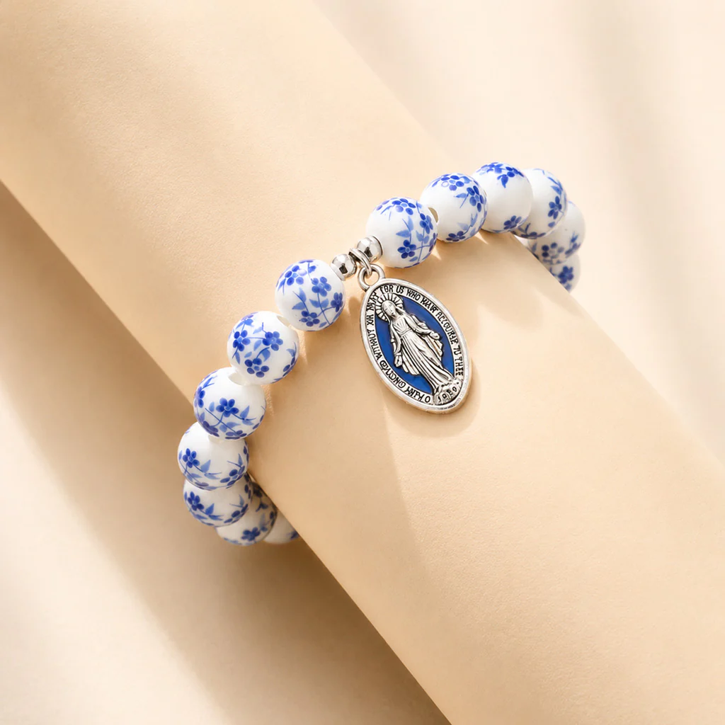 【Deal Today】Blue Floral Ceramic Bead Miraculous Medal Stretch Bracelet | Amen Artisan - Image 3