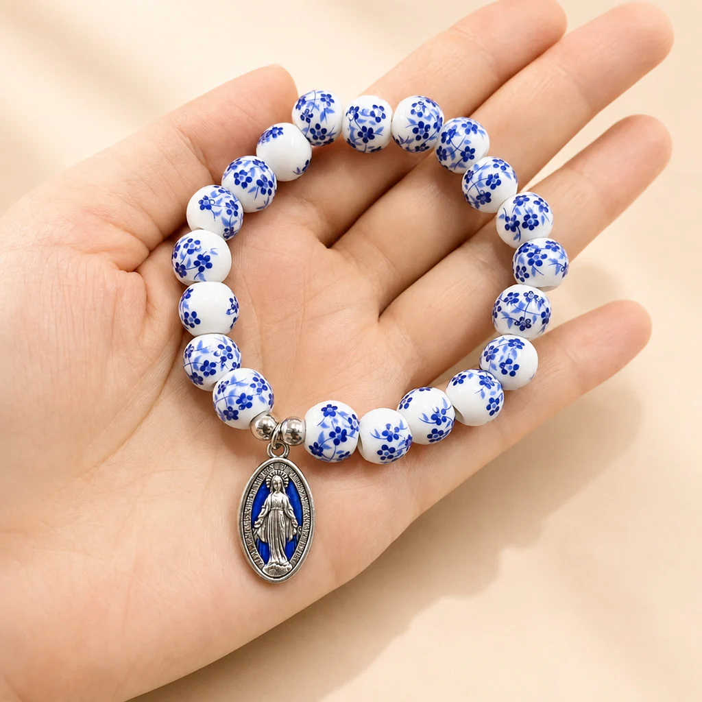 【Deal Today】Blue Floral Ceramic Bead Miraculous Medal Stretch Bracelet | Amen Artisan - Image 4