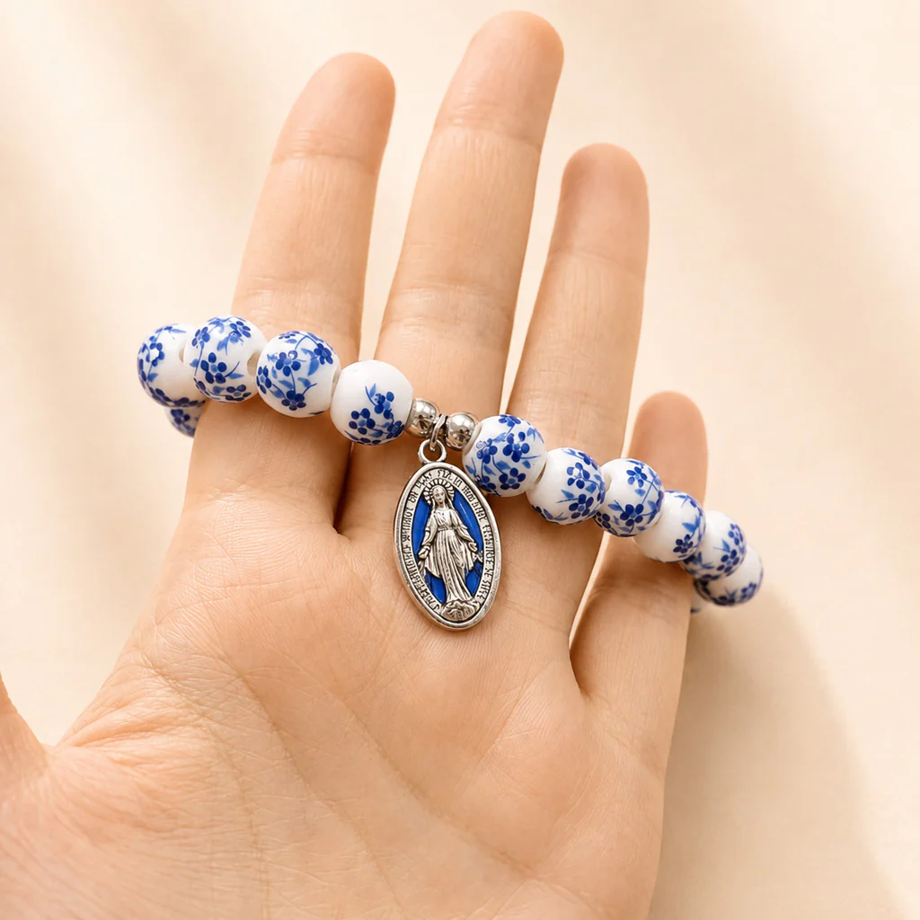 【Deal Today】Blue Floral Ceramic Bead Miraculous Medal Stretch Bracelet | Amen Artisan - Image 5
