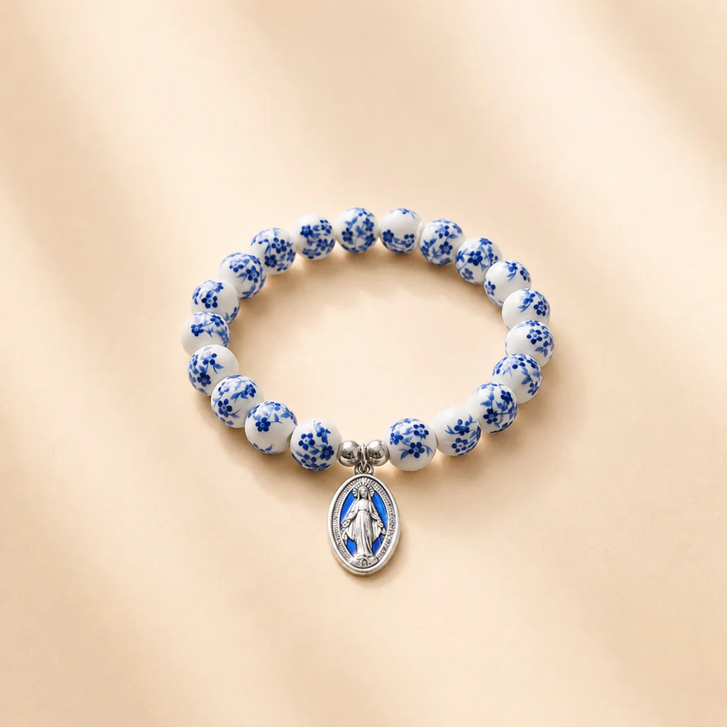 【Deal Today】Blue Floral Ceramic Bead Miraculous Medal Stretch Bracelet | Amen Artisan - Image 6