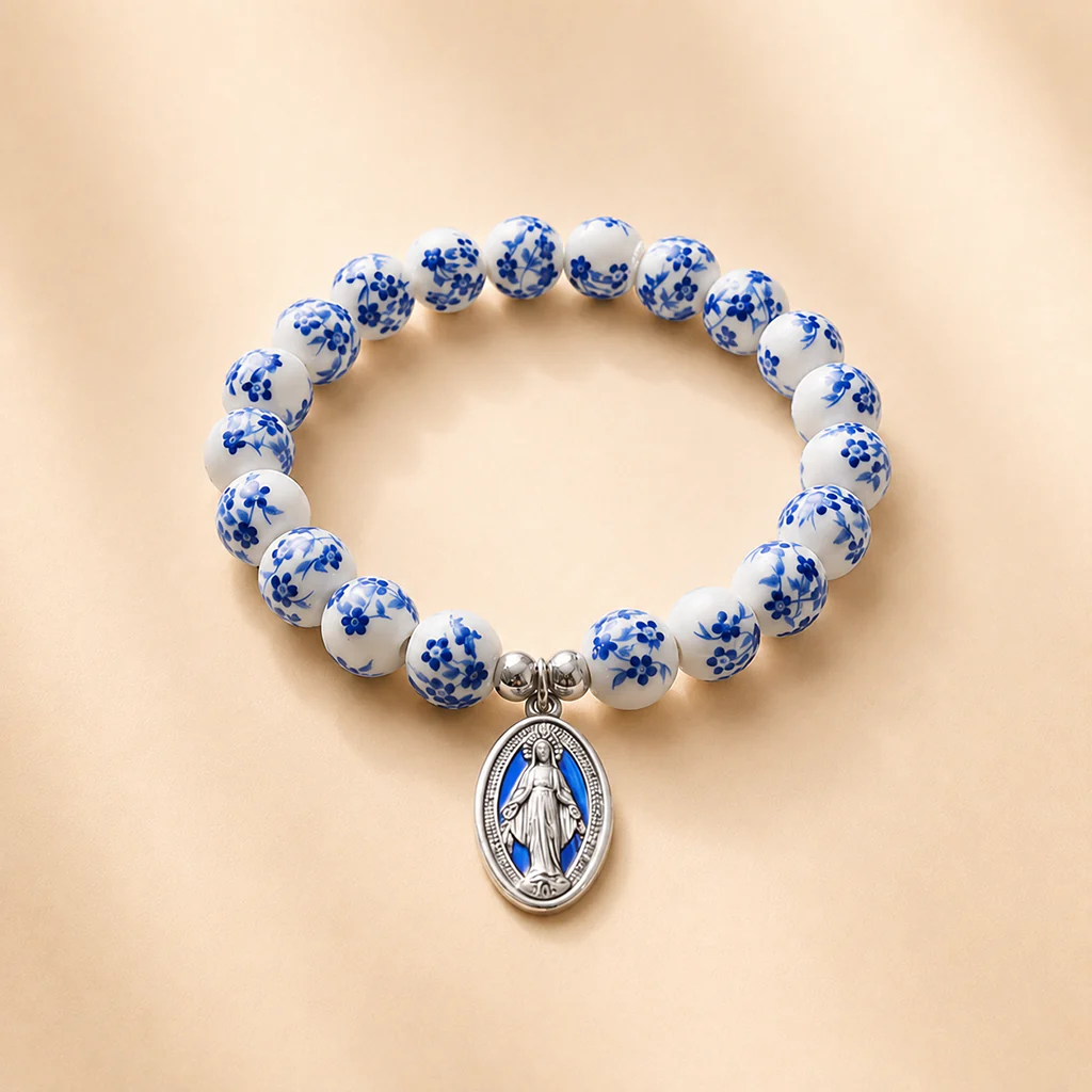 【Deal Today】Blue Floral Ceramic Bead Miraculous Medal Stretch Bracelet | Amen Artisan - Image 7