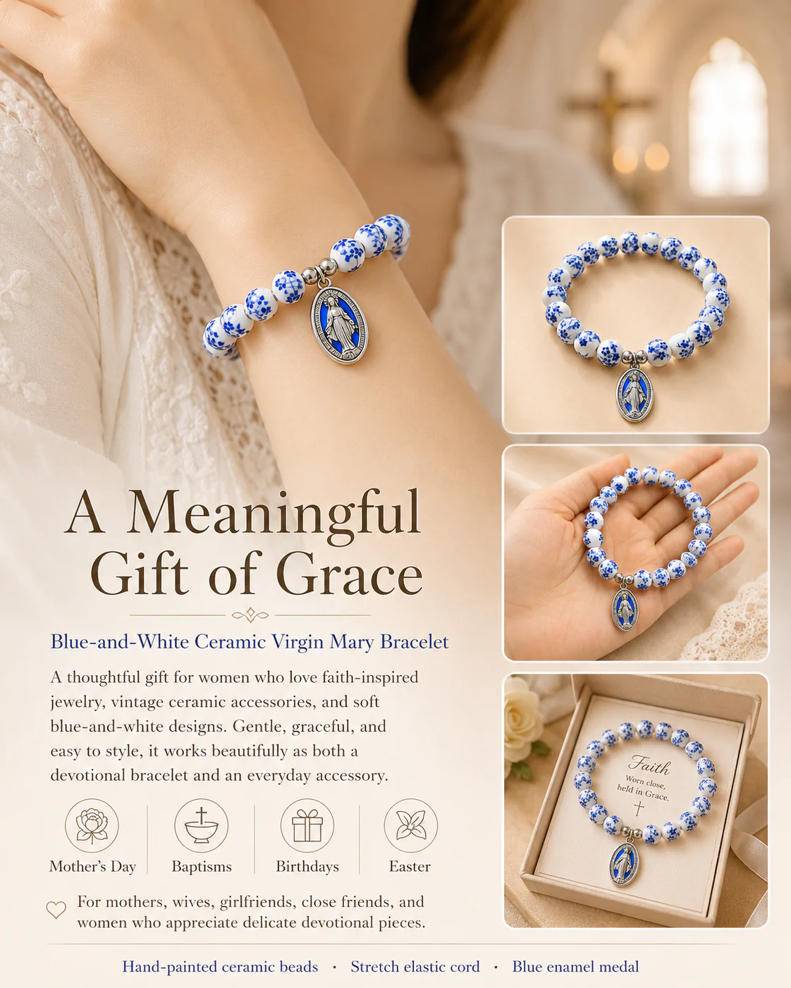 【Deal Today】Blue Floral Ceramic Bead Miraculous Medal Stretch Bracelet | Amen Artisan - Image 8
