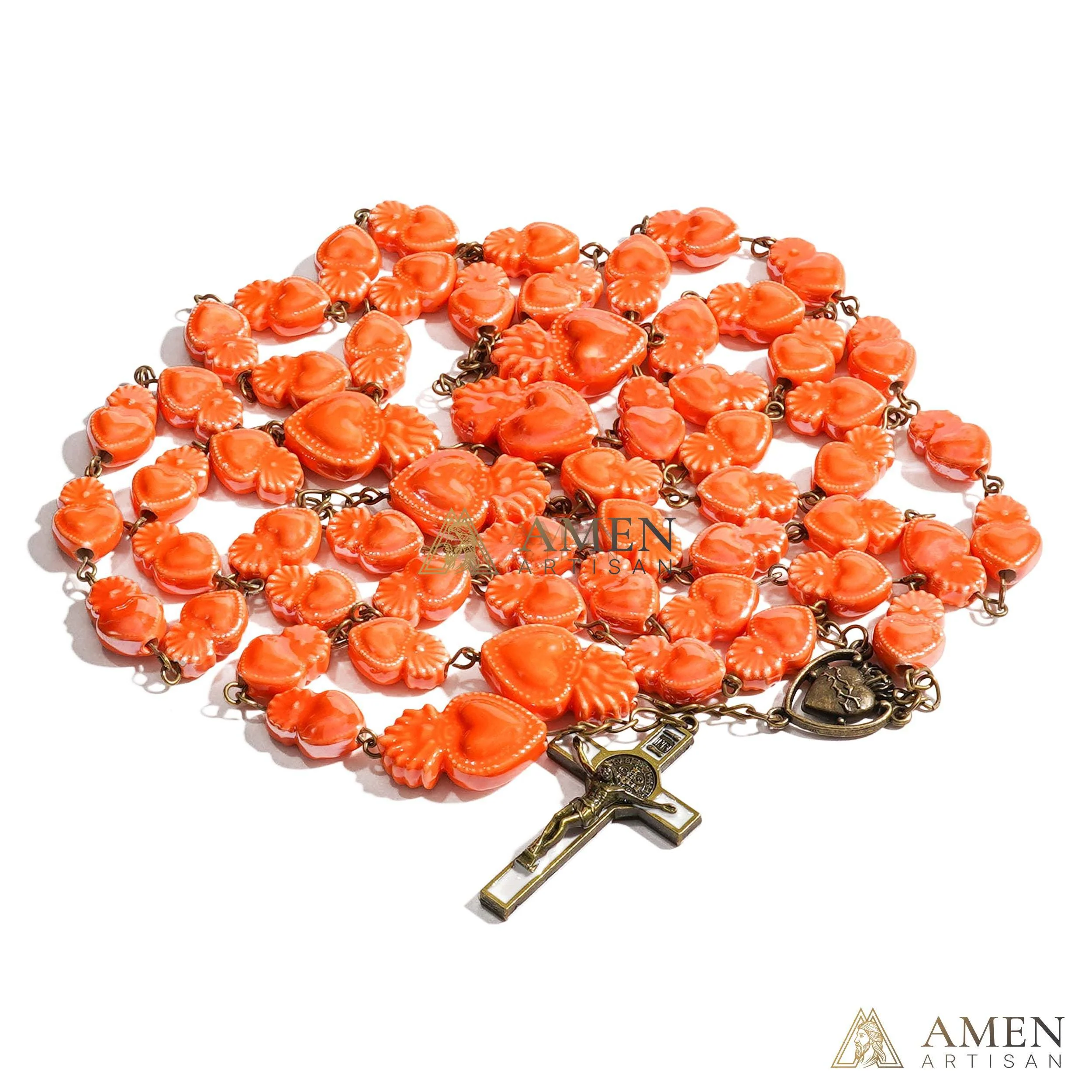 Ceramic Sacred Heart Beads Rosary - Vintage Bronze Style Rosary - Amen Artisan - Image 3