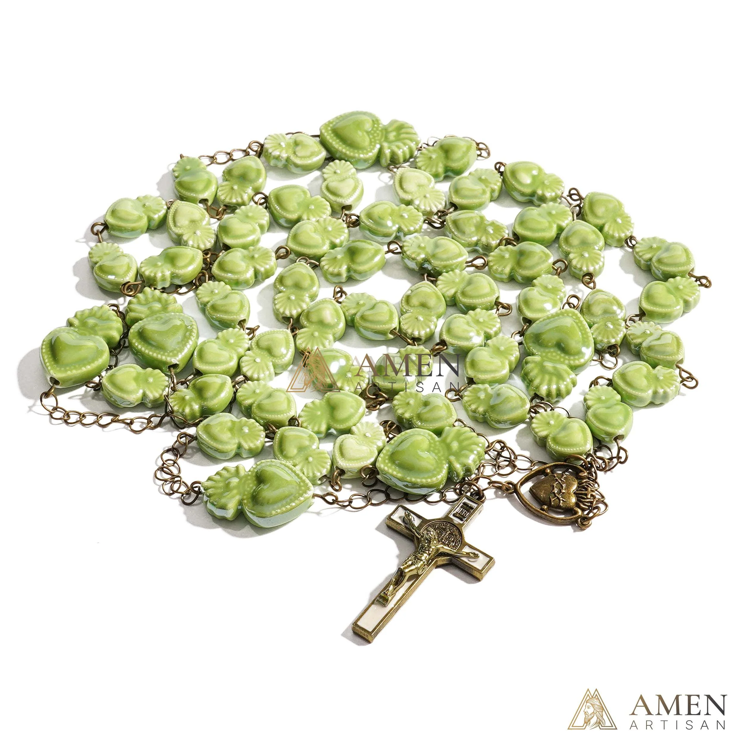 Ceramic Sacred Heart Beads Rosary - Vintage Bronze Style Rosary - Amen Artisan - Image 4