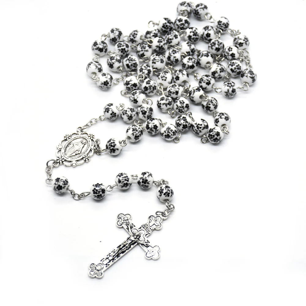 Ceramic Virgin Mary Cross Bead Rosary Necklace