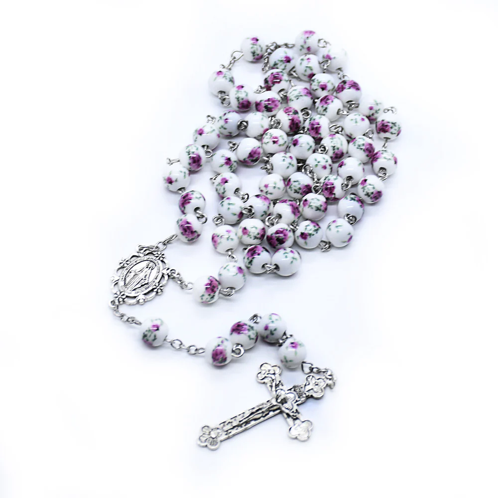 Ceramic Virgin Mary Cross Bead Rosary Necklace - Image 2