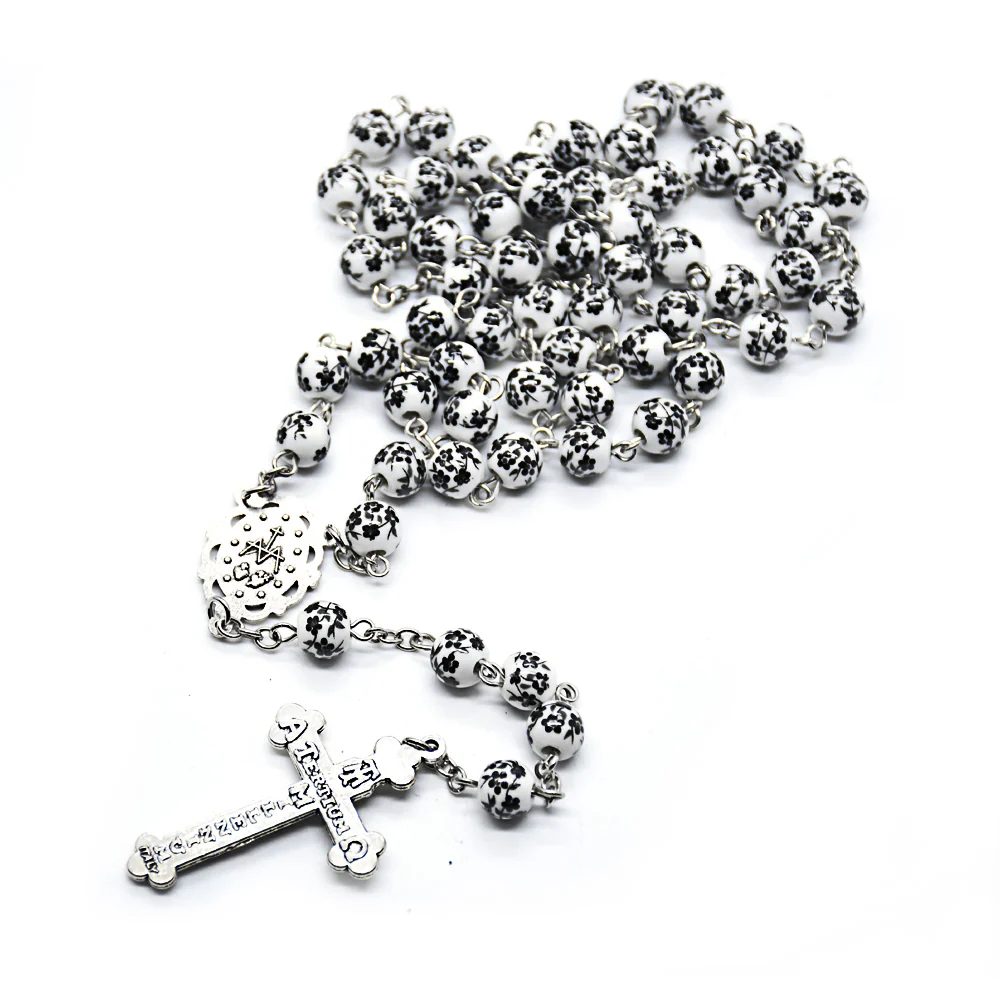Ceramic Virgin Mary Cross Bead Rosary Necklace - Image 3