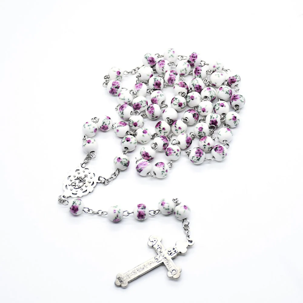 Ceramic Virgin Mary Cross Bead Rosary Necklace - Image 4