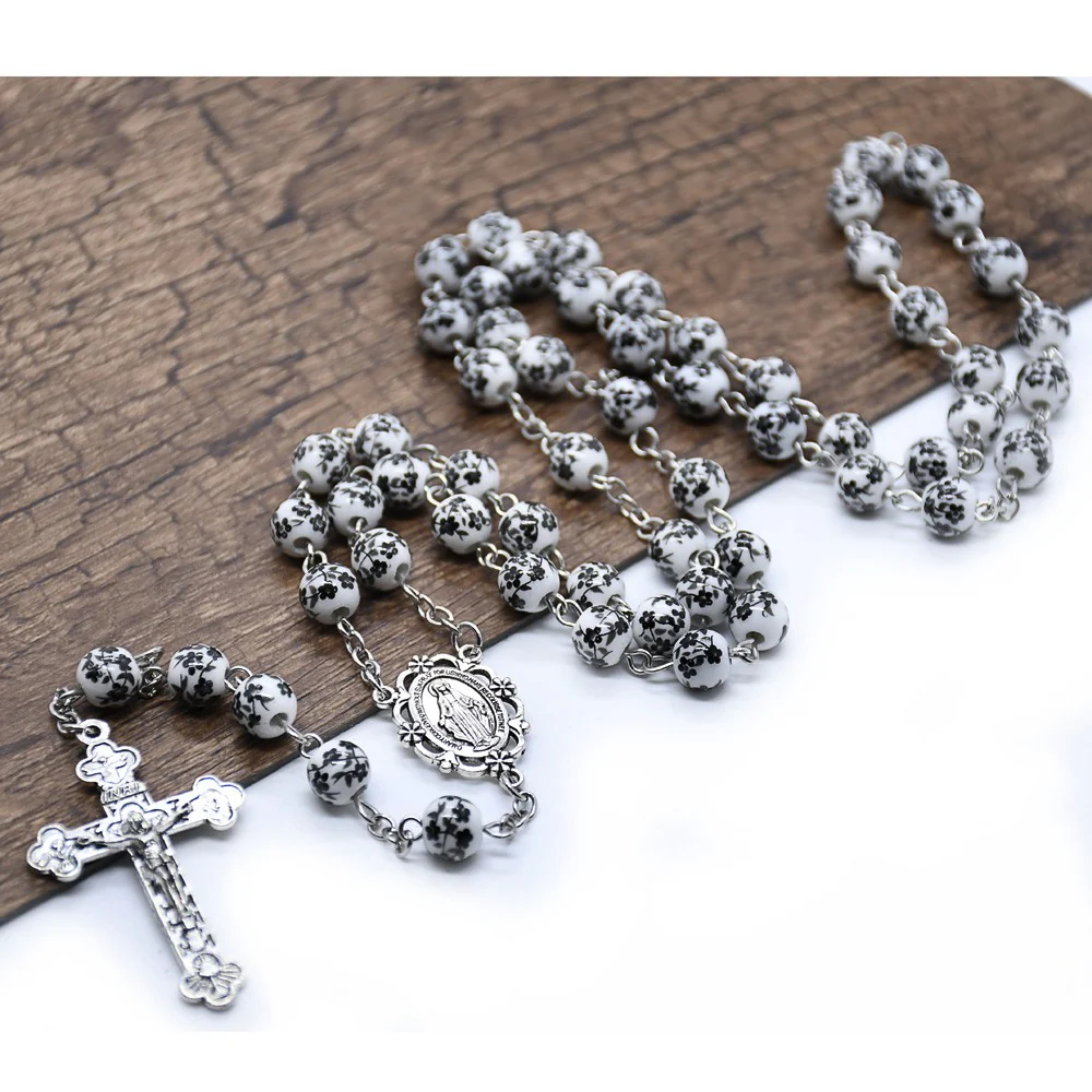 Ceramic Virgin Mary Cross Bead Rosary Necklace - Image 5