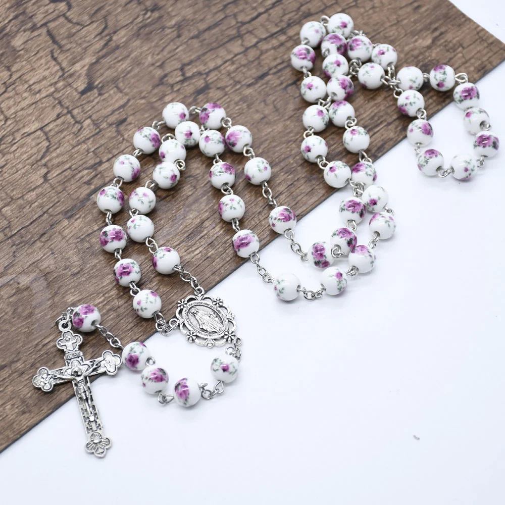 Ceramic Virgin Mary Cross Bead Rosary Necklace - Image 6