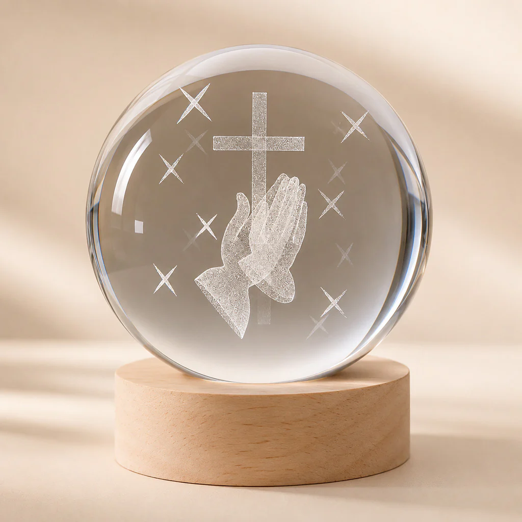 Christian Crystal Ball Night Light with Praying Hands and Cross — Peace - Image 2