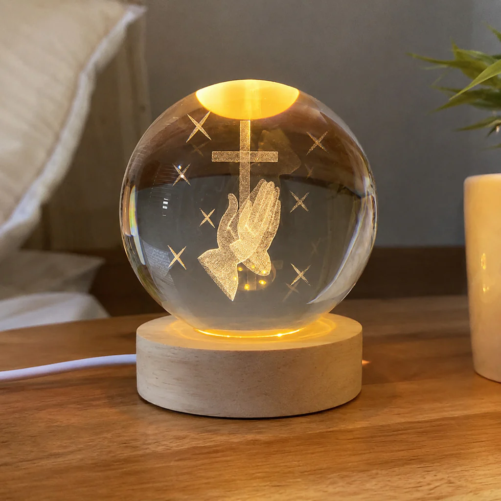 Christian Crystal Ball Night Light with Praying Hands and Cross — Peace - Image 3