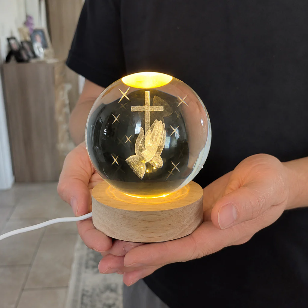 Christian Crystal Ball Night Light with Praying Hands and Cross — Peace - Image 4