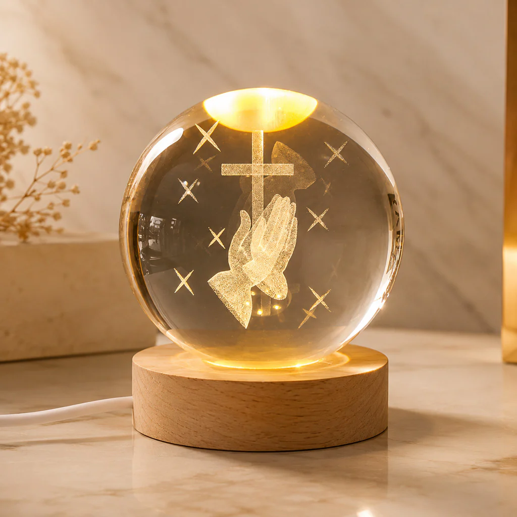 Christian Crystal Ball Night Light with Praying Hands and Cross — Peace - Image 5