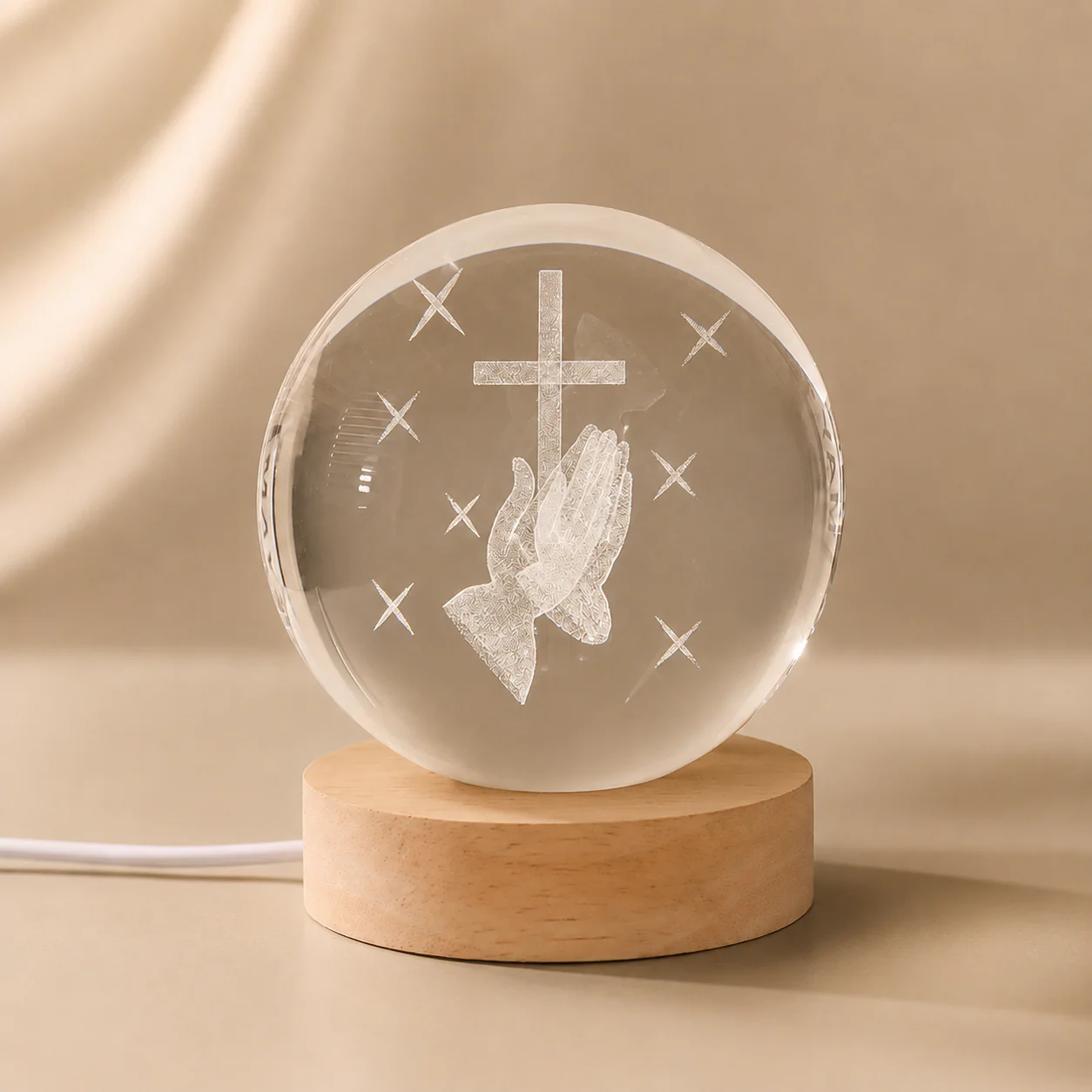 Christian Crystal Ball Night Light with Praying Hands and Cross — Peace - Image 6