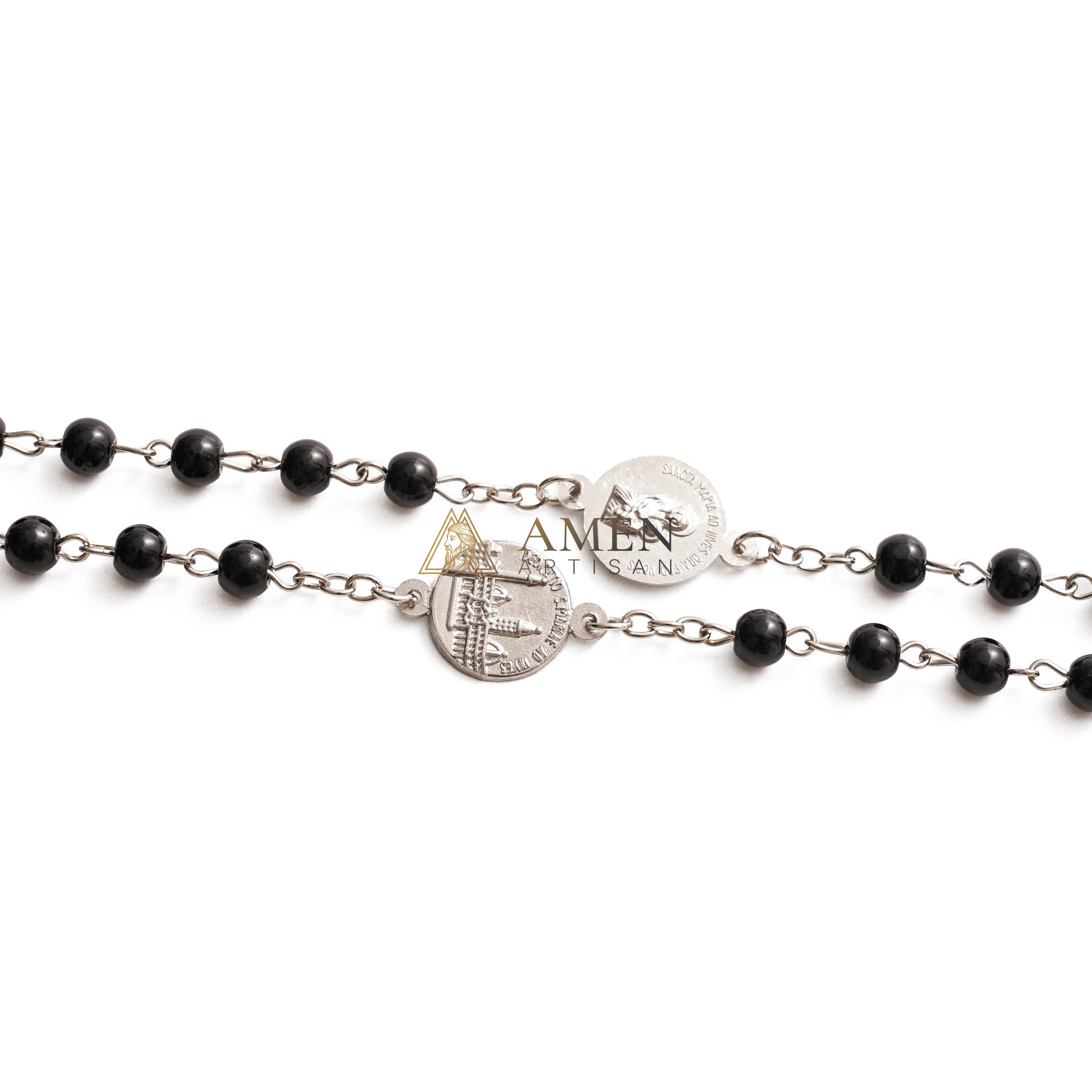 Crucifix Our Lady Black Bead Rosary Amen Artisan - Image 4