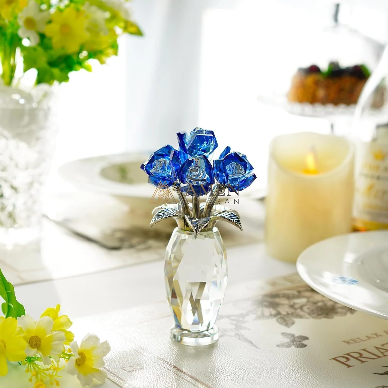 Crystal Blue Rose Statue Amen Artisan - Image 6