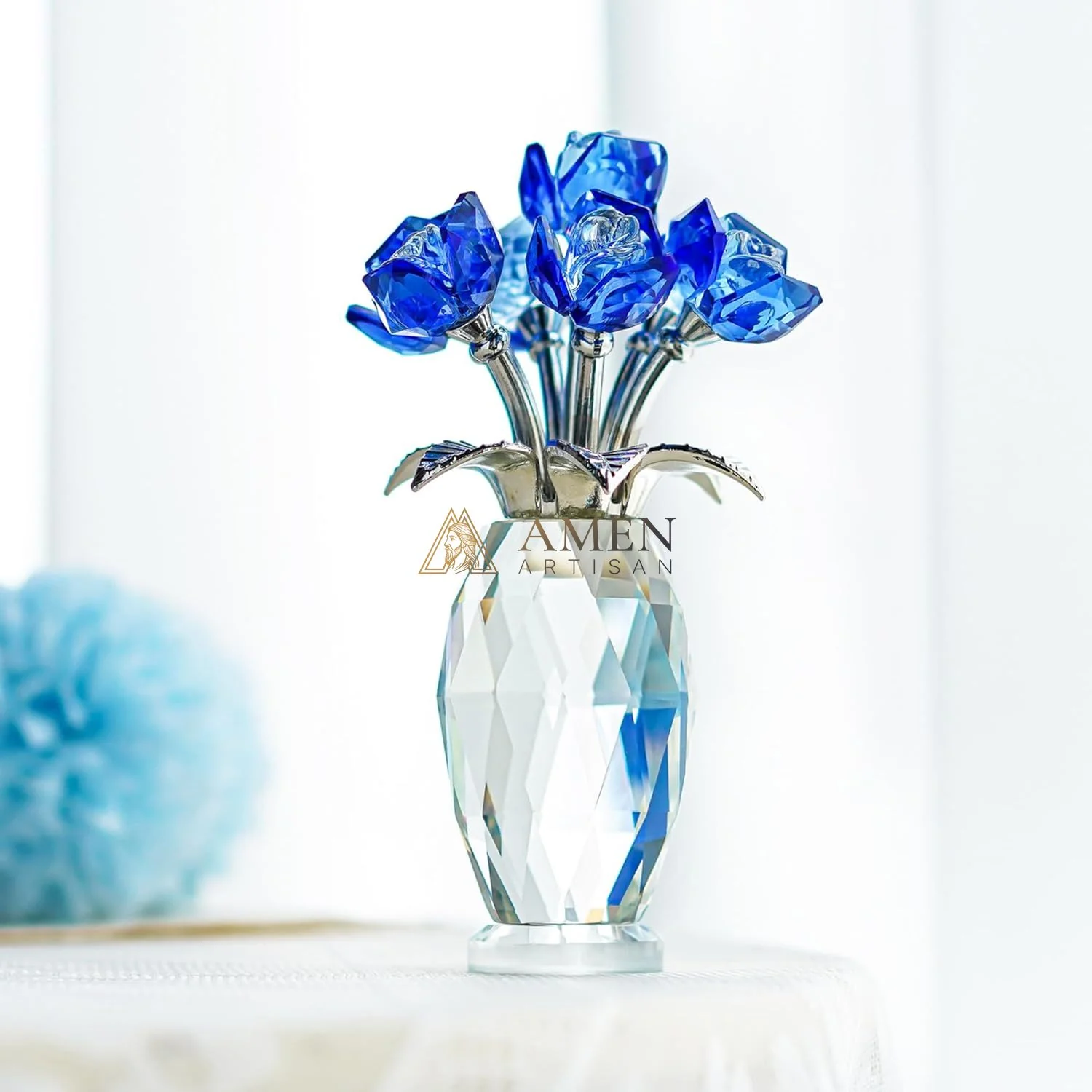 Crystal Blue Rose Statue Amen Artisan - Image 7