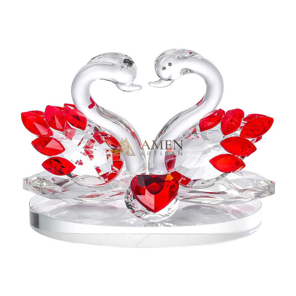 Crystal Heart-shaped Double Swans Figurine Amen Artisan