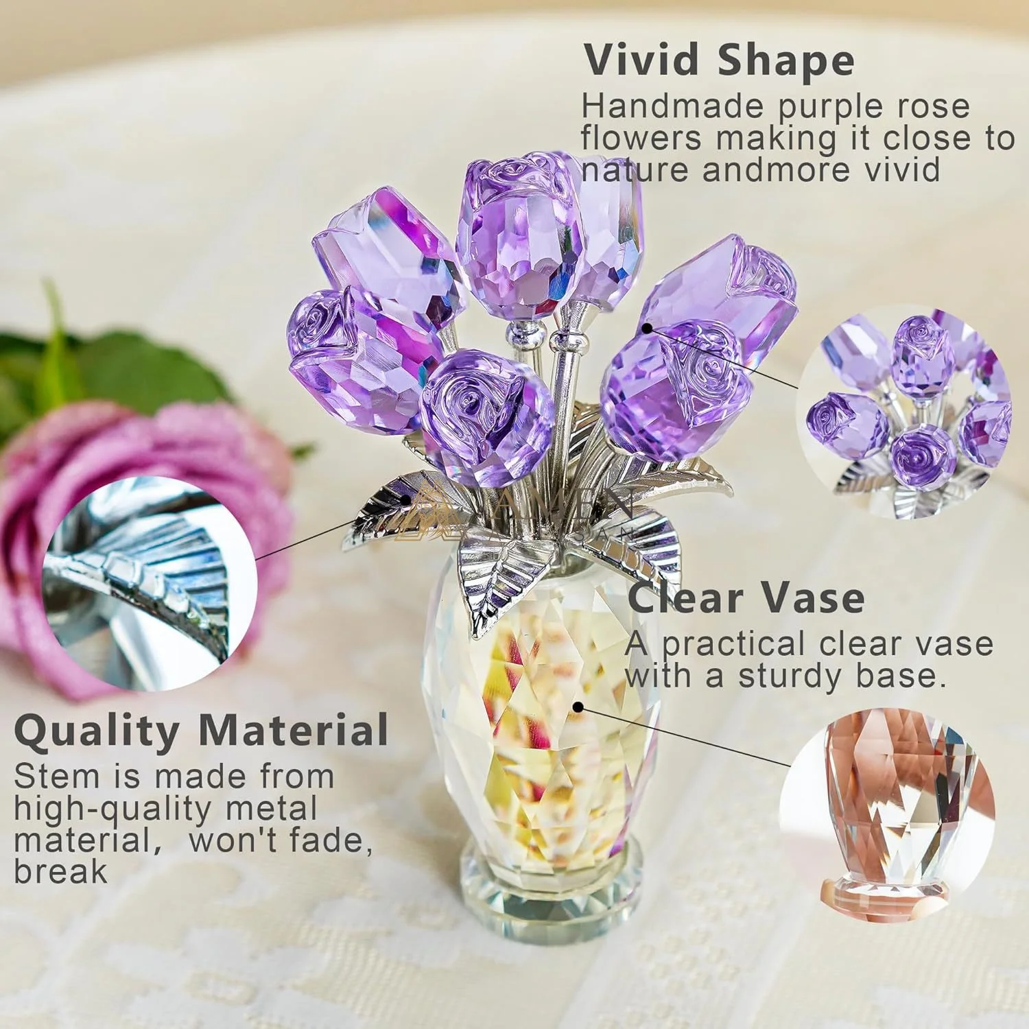 Crystal Purple Rose Figurine Amen Artisan - Image 4
