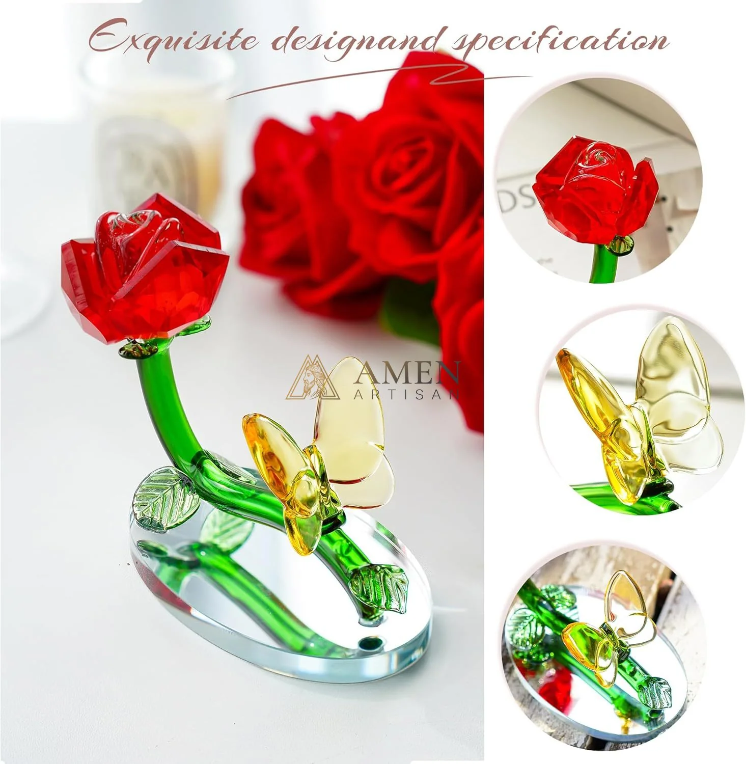 Crystal Red Rose and Yellow Butterfly Figurine Amen Artisan - Image 6