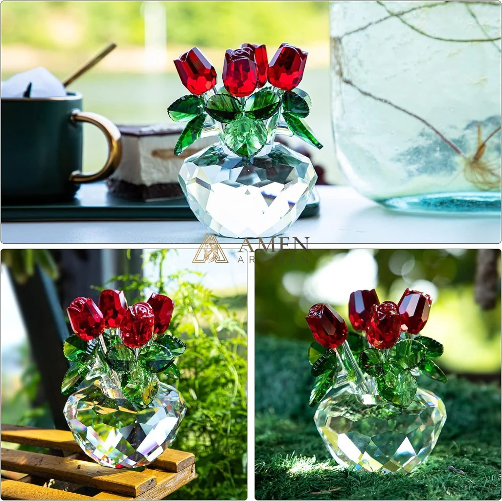 Crystal Red Rose Flower Basket Figurine Amen Artisan - Image 4
