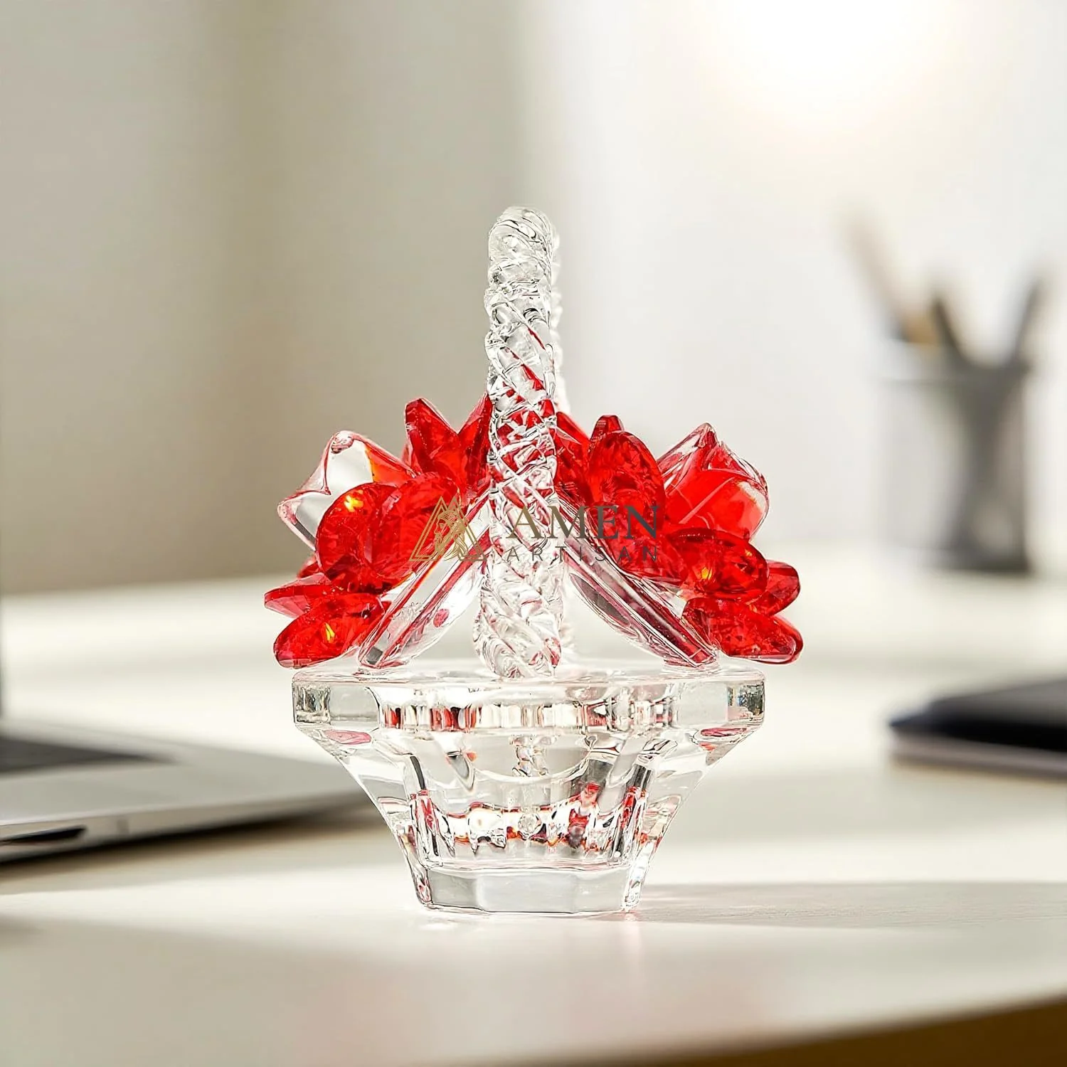 Crystal Red Rose Flower Basket Figurine Amen Artisan - Image 10