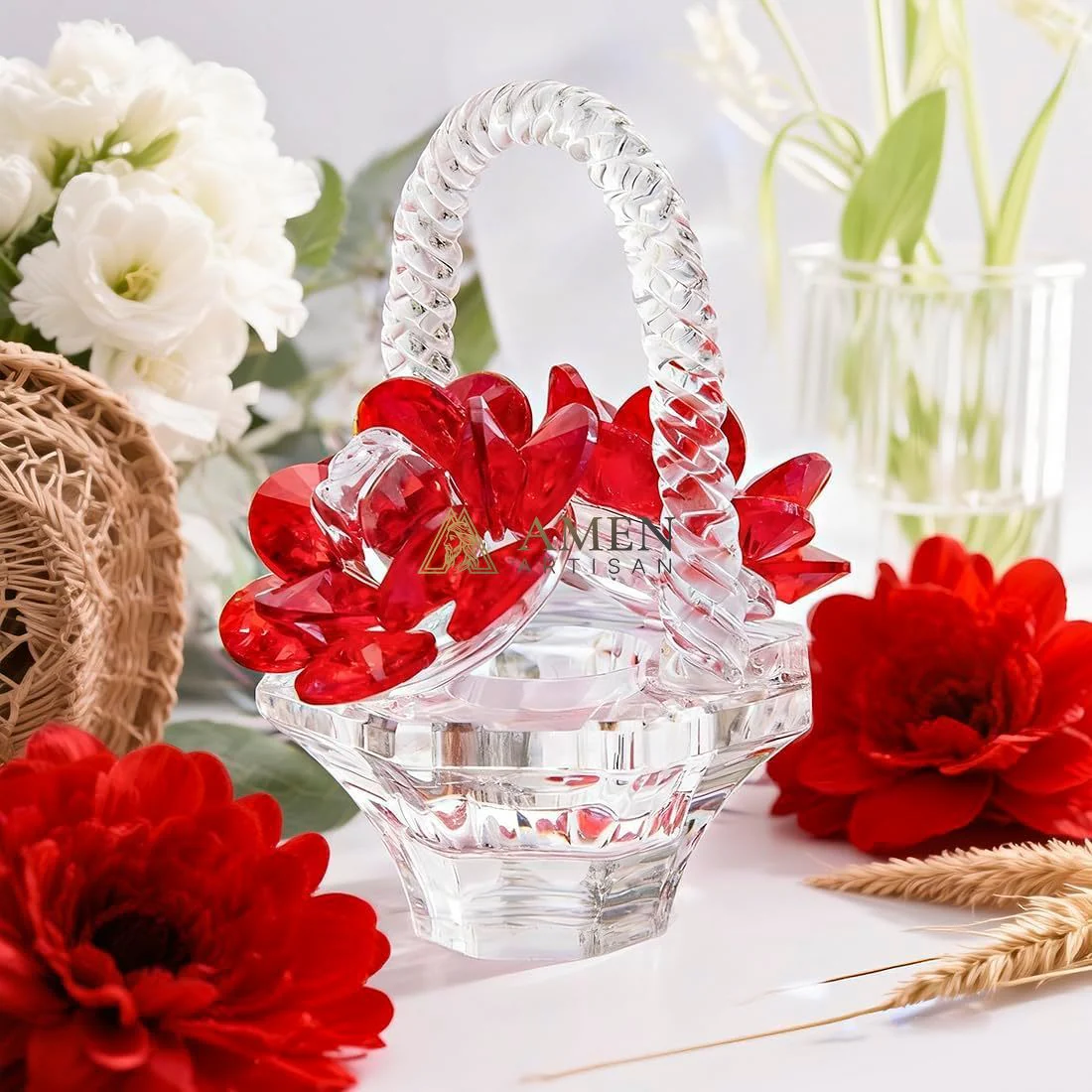 Crystal Red Rose Flower Basket Figurine Amen Artisan - Image 3