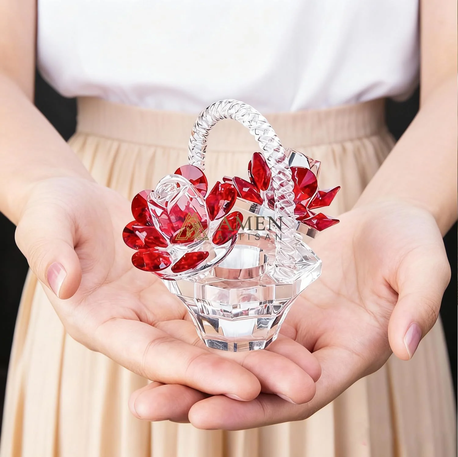 Crystal Red Rose Flower Basket Figurine Amen Artisan - Image 4