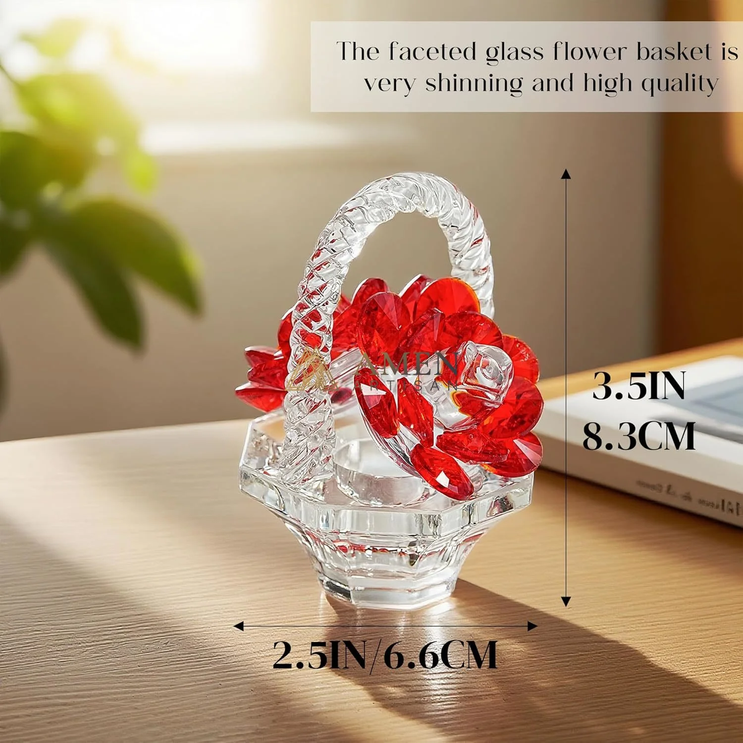 Crystal Red Rose Flower Basket Figurine Amen Artisan - Image 5