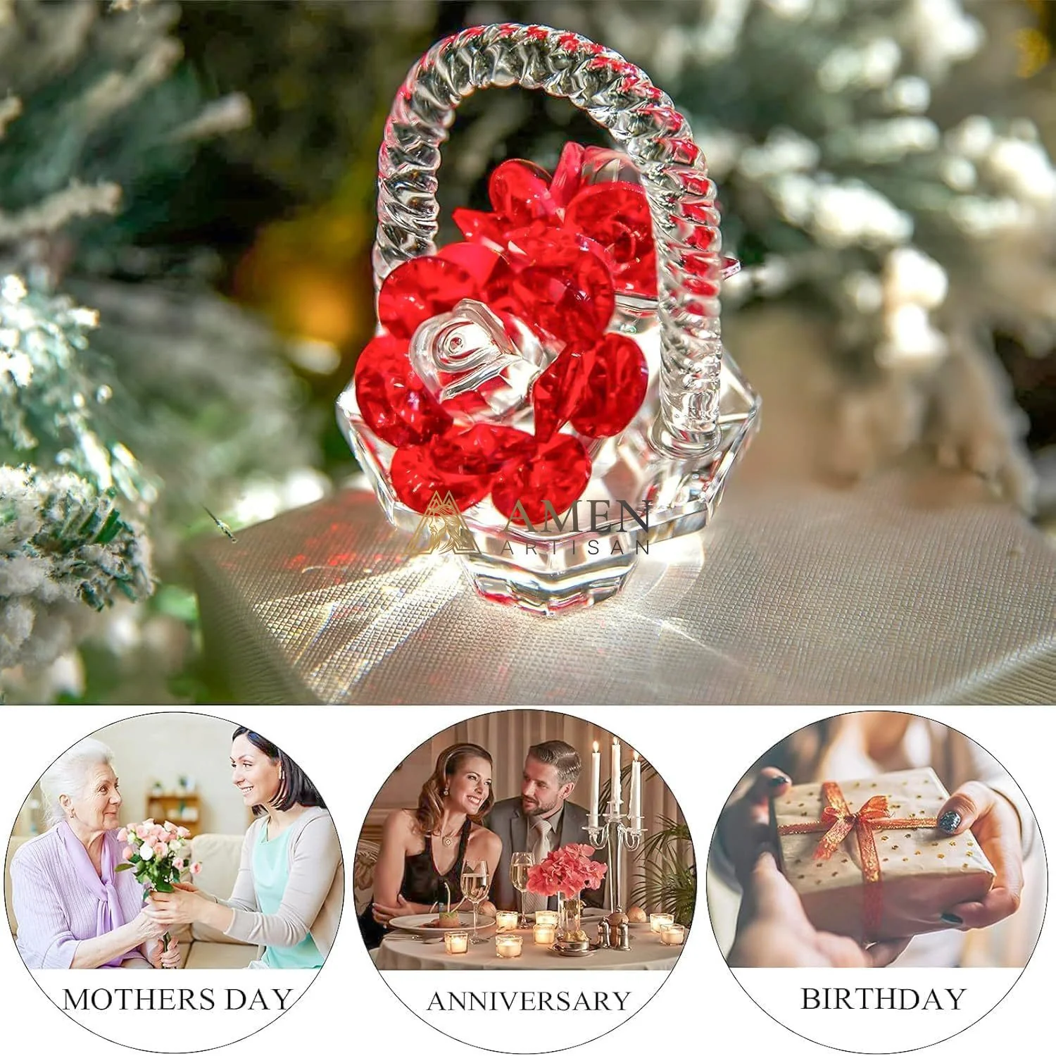 Crystal Red Rose Flower Basket Figurine Amen Artisan - Image 7