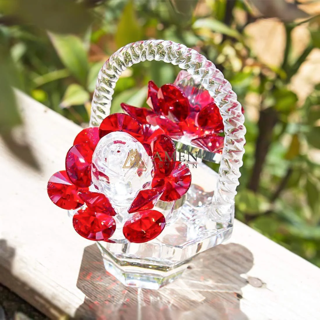 Crystal Red Rose Flower Basket Figurine Amen Artisan - Image 8