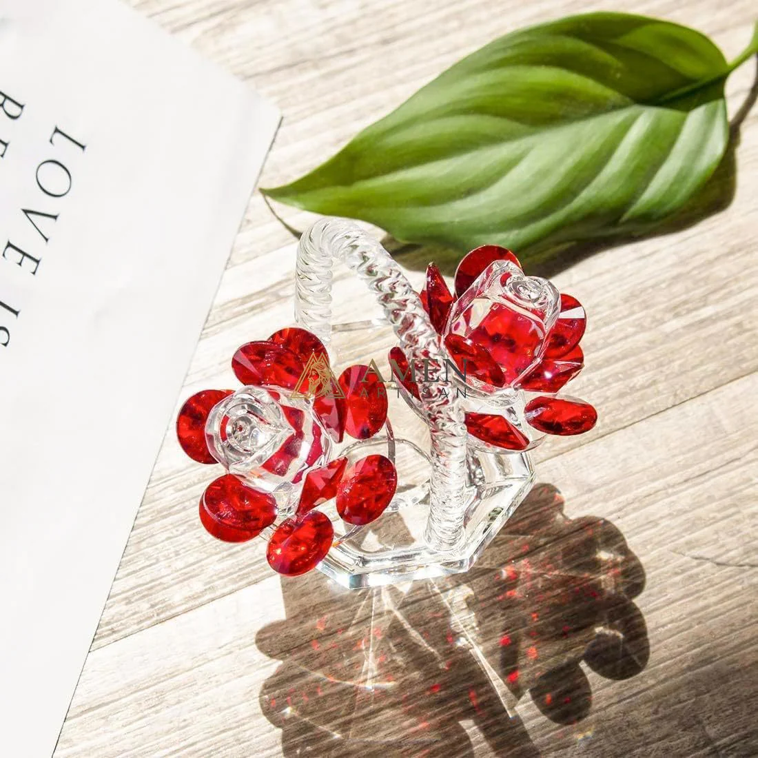 Crystal Red Rose Flower Basket Figurine Amen Artisan - Image 9
