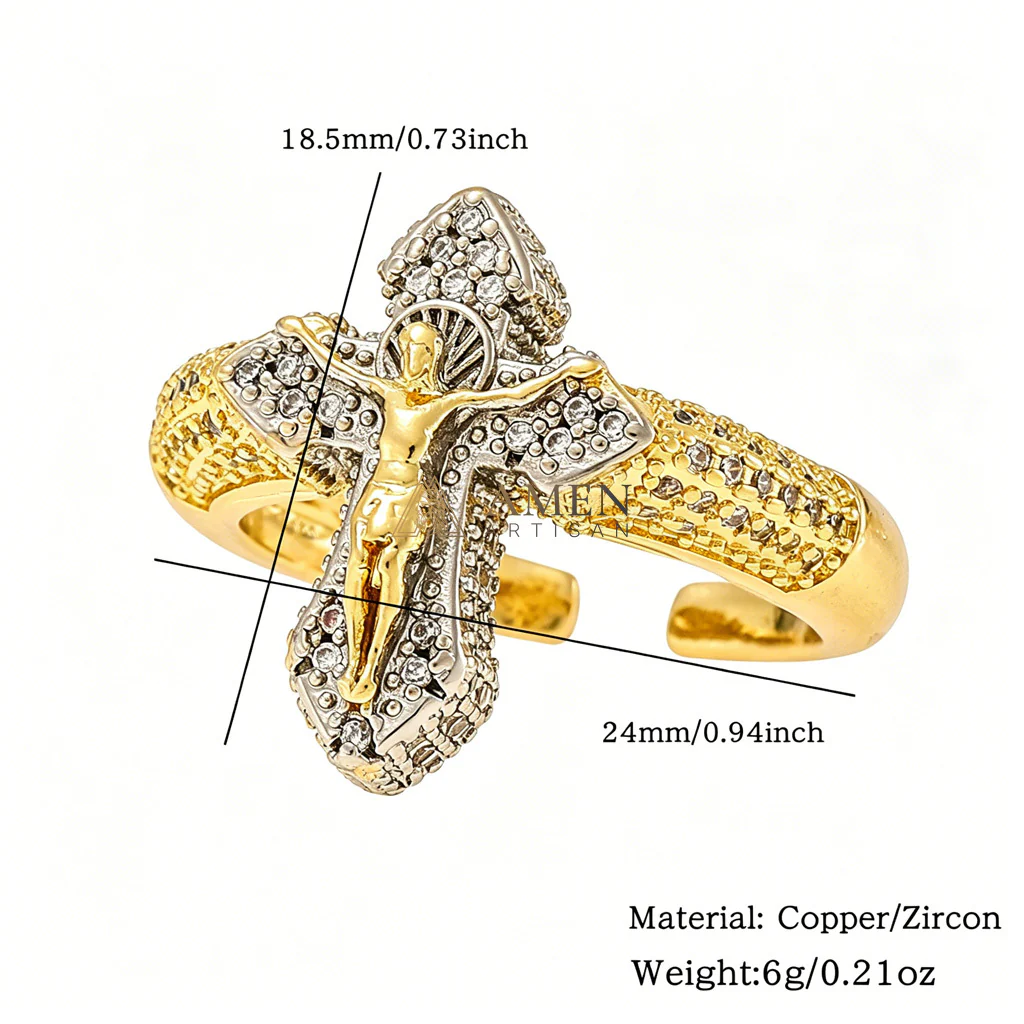 Cubic Zirconia Crucifix Open Ring in Brass - Faith, Hope & Protection |  Amen Artisan - Image 3