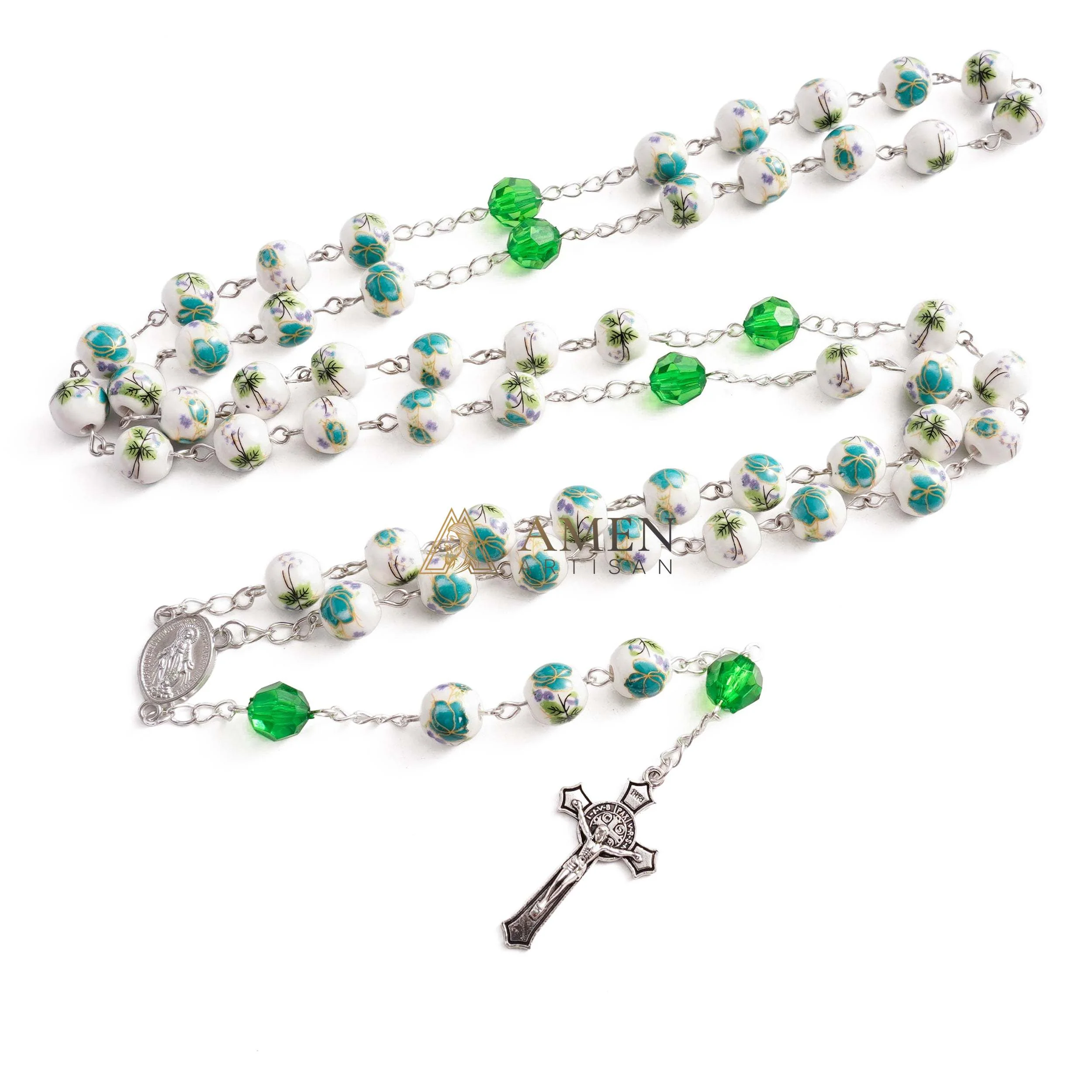 Cyan Floral Ceramic Rosary Amen Artisan - Image 2