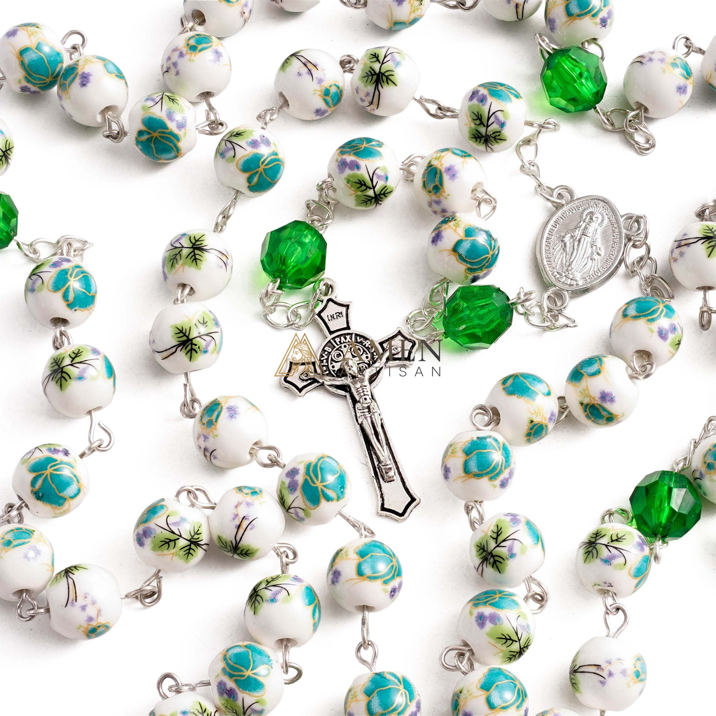Cyan Floral Ceramic Rosary Amen Artisan - Image 3