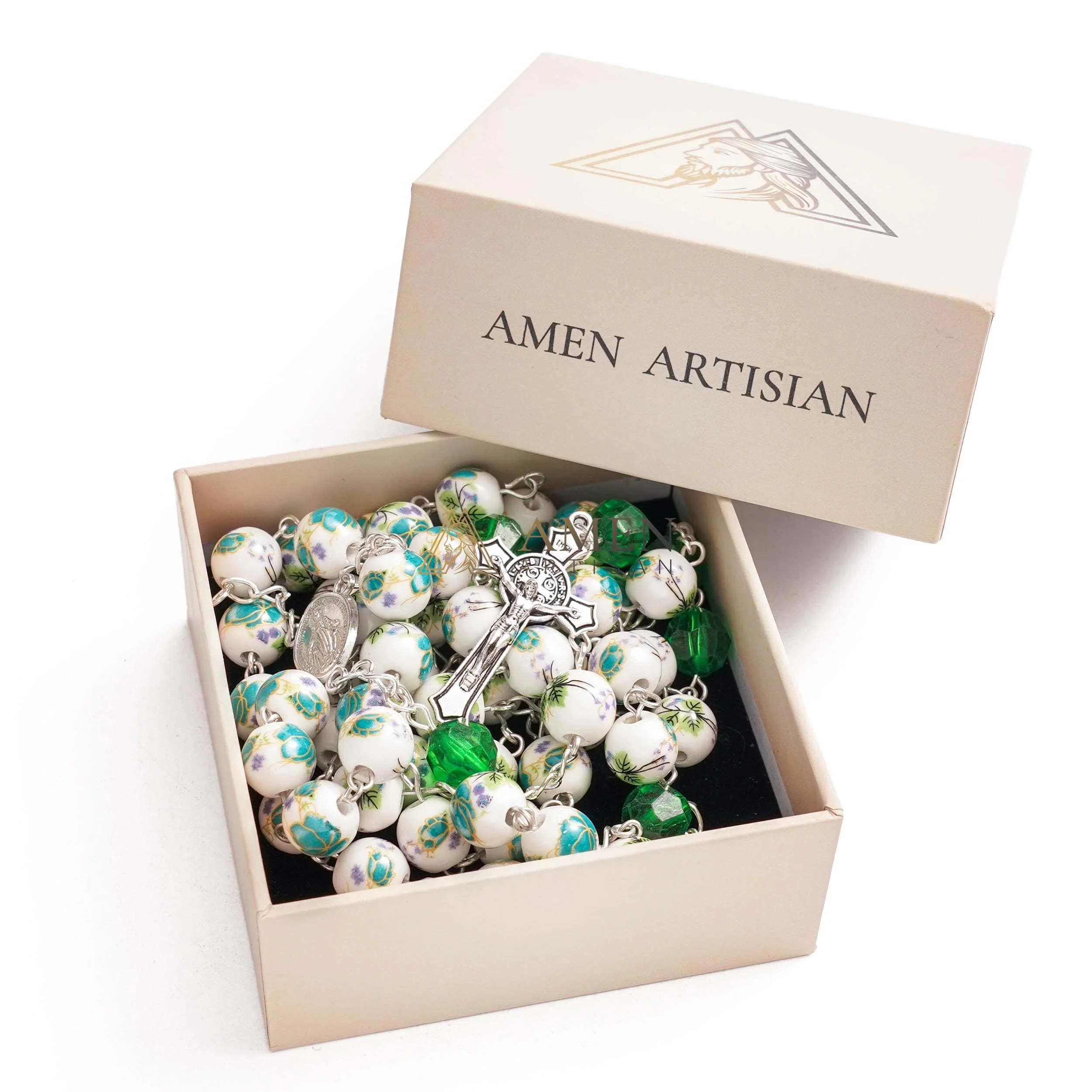 Cyan Floral Ceramic Rosary Amen Artisan - Image 5