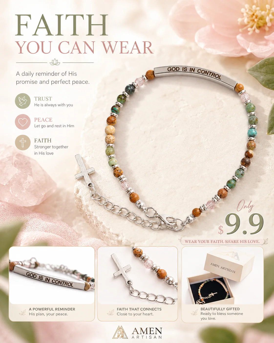【Deal Today】Adjustable Natural Stone Bracelet with Cross | Amen Artisan - Image 5
