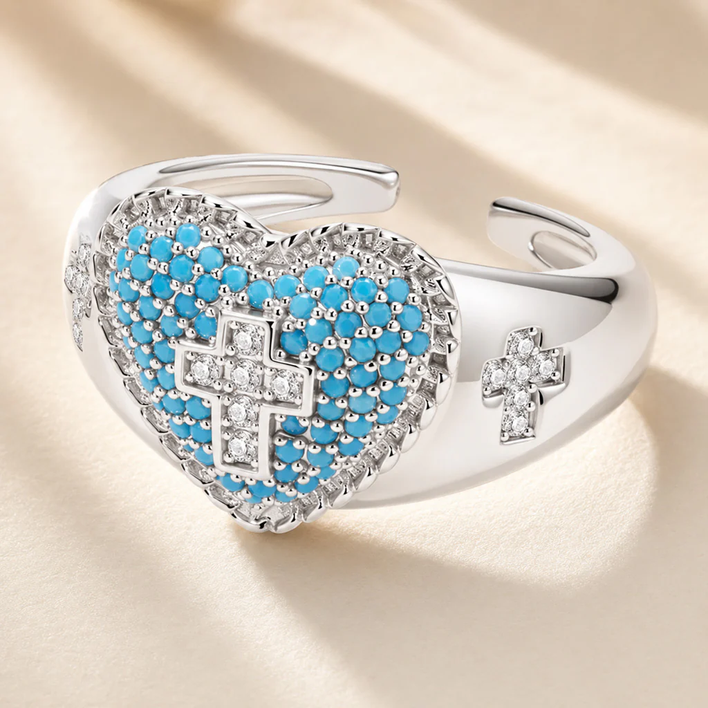 【DEAL TODAY】Blue Heart Cross Open Ring with Rhinestone Accents - Image 2